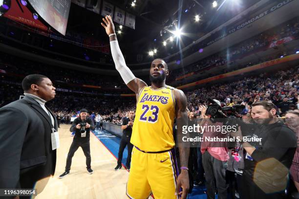 LeBron James of the Los Angeles Lakers thanks the crowd after passing Kobe Bryant for third on NBA's all-time scoring liston January 25, 2020 at the...