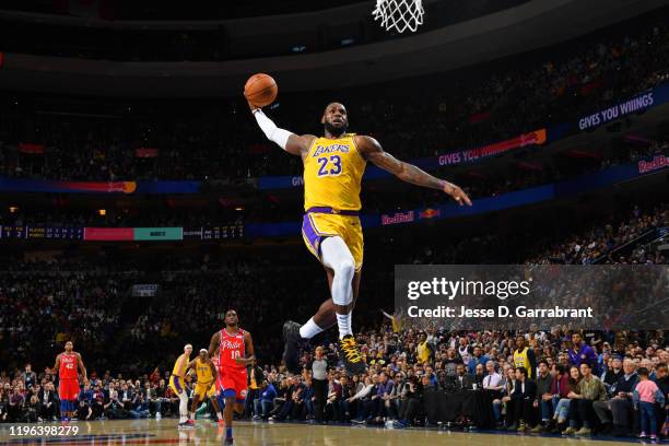 LeBron James of the Los Angeles Lakers dunks the ball against the Philadelphia 76ers on January 25, 2020 at the Wells Fargo Center in Philadelphia,...
