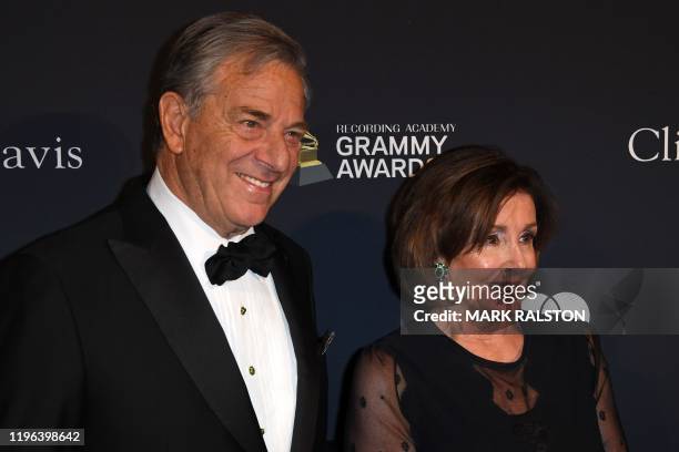 Speaker of the US House of Representatives Nancy Pelosi and Paul Pelosi arrive for the Recording Academy and Clive Davis pre-Grammy gala at the...