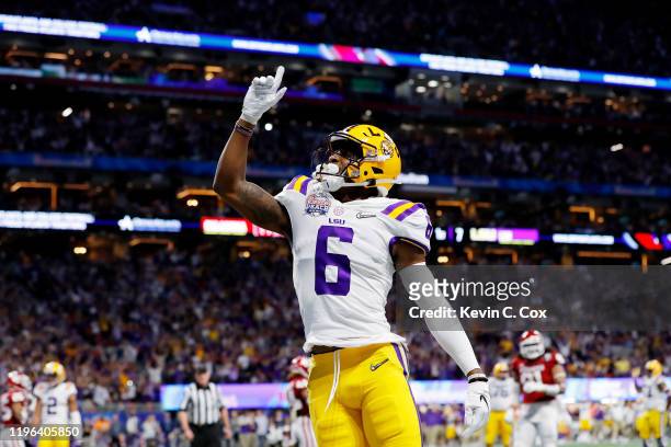 Wide receiver Terrace Marshall Jr. #6 of the LSU Tigers celebrates a touchdown in the first quarter of the game against the Oklahoma Sooners during...