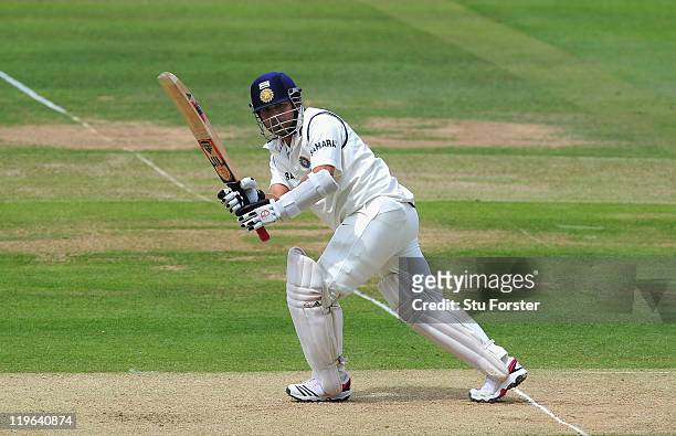 India batsman Sachin Tendulkar picks up some runs during day three of the 1st npower test match between England and India at Lords on July 23, 2011...