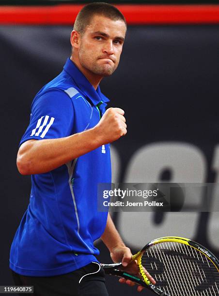 Mikhail Youzhny of Russia celebrates during his semi final match against Gilles Simon of France during the bet-at-home German Open Tennis...