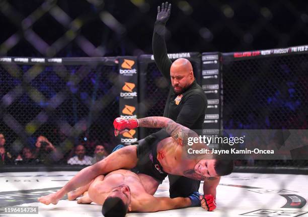 Referee Frank Trigg stops the fight as Sergio Pettis defeats Alfred Khashakyan in their bantamweight fight at The Forum on January 25, 2020 in...