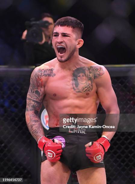 Sergio Pettis reacts in the cage after defeating Alfred Khashakyan in their bantamweight fight at The Forum on January 25, 2020 in Inglewood,...