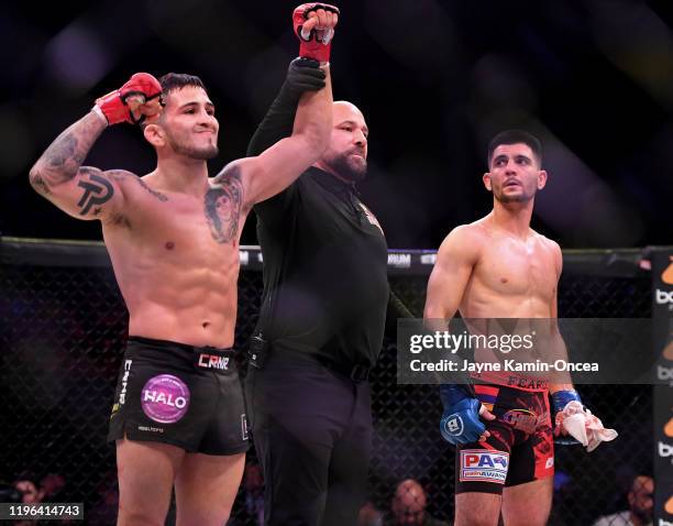 Sergio Pettis in the cage after defeating Alfred Khashakyan in their bantamweight fight at The Forum on January 25, 2020 in Inglewood, California....