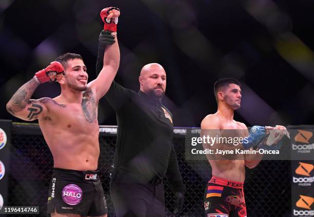 Sergio Pettis in the cage after defeating Alfred Khashakyan in their bantamweight fight at The Forum on January 25, 2020 in Inglewood, California....