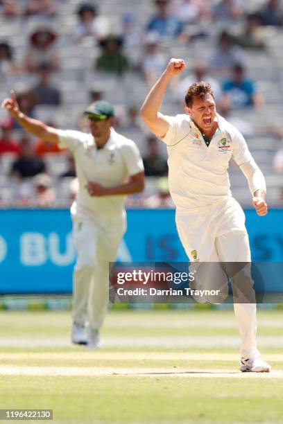 James Pattinson of Australia celebrates the wicket of Tom Latham of New Zealand during day four of the Second Test match in the series between...