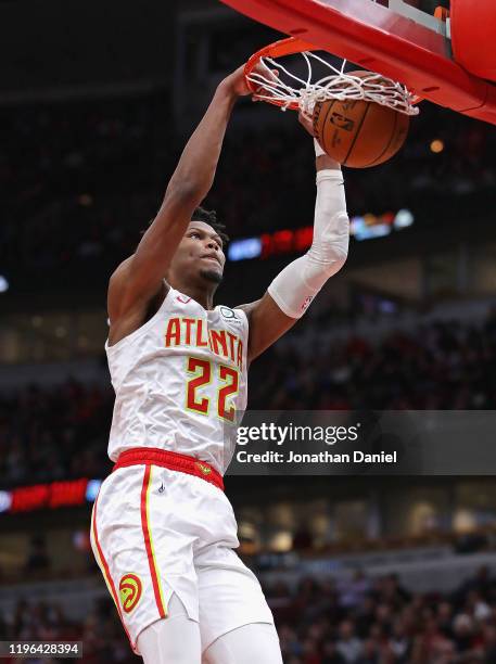 Cam Reddish of the Atlanta Hawks dunks against the Chicago Bulls at the United Center on December 28, 2019 in Chicago, Illinois. NOTE TO USER: User...