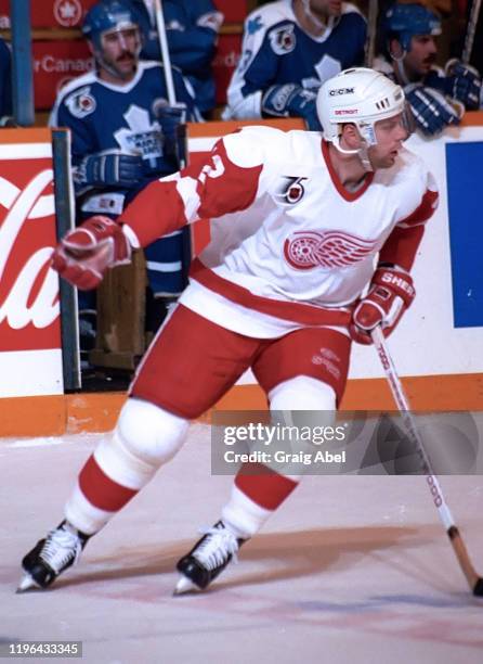 Jimmy Carson of the Detroit Red Wings skates against the Toronto Maple Leafs during NHL game action on February 11, 1992 at Maple Leaf Gardens in...