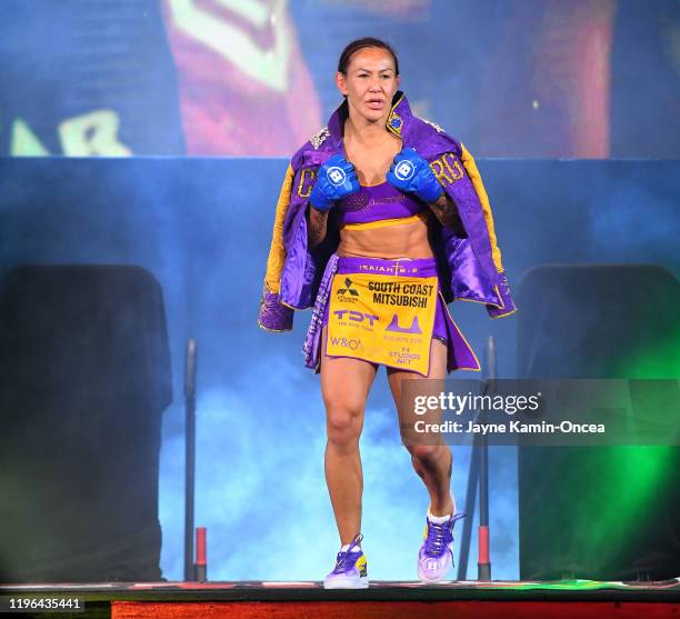 Cris Cyborg enters the arena for her their featherweight world title fight against Julia Budd at The Forum on January 25, 2020 in Inglewood,...