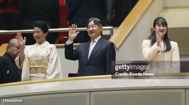 Japanese Emperor Naruhito, Empress Masako and their daughter Princess Aiko visit Tokyo's Ryogoku Kokugikan to watch live sumo matches on the...