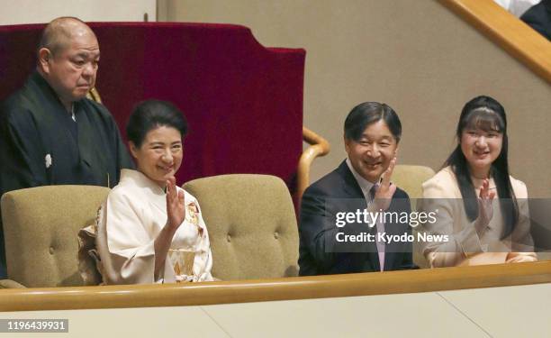 Japanese Emperor Naruhito, Empress Masako and their daughter Princess Aiko visit Tokyo's Ryogoku Kokugikan to watch live sumo matches on the...