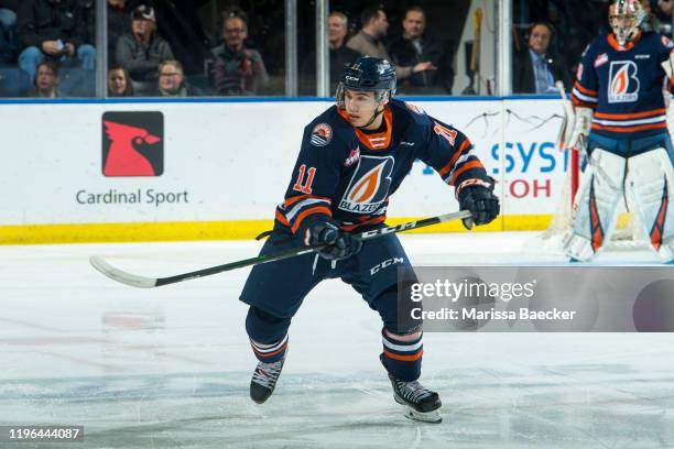 Logan Stankoven of the Kamloops Blazers skates against the Kelowna Rockets during first period at Prospera Place on December 27, 2019 in Kelowna,...