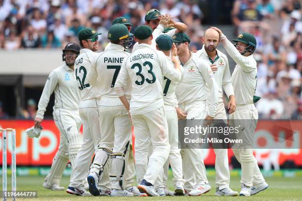 Nathan Lyon of Australia celebrates after dismissing BJ Watling of New Zealand during day four of the Second Test match in the series between...