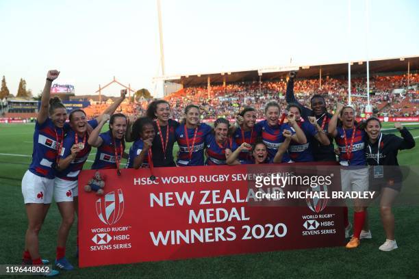 France celebrate after winning bronze in the women's rugby bronze medal match between France and Australia on day two of the World Rugby Sevens...