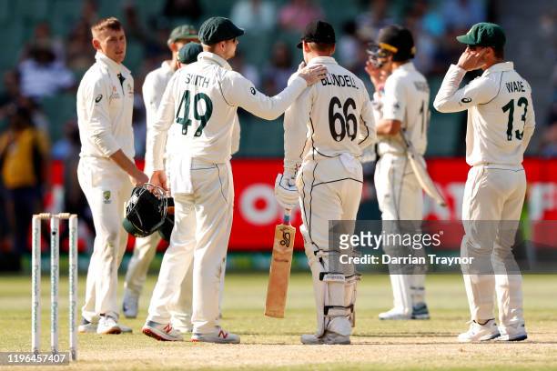 Steve Smith of Australia acknowledges the innings of Tom Blundell of New Zealand at the end of end of day four of the Second Test match in the series...