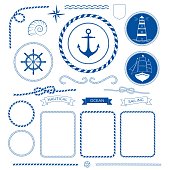 Nautical sea frame collection, marine rope, boat, lighthouse, anchot