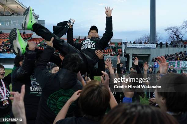 Players of Nippon TV Beleza toss their coach Masato Nagata in the air as they celebrate winning the Empress's Cup JFA 41st Japan Women's Football...