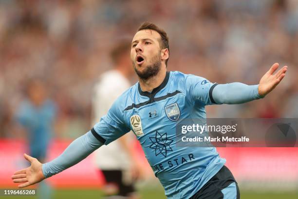 Adam Le Fondre of Sydney celebrates scoring a goal during the round 12 A-League match between Sydney FC and Melbourne City at Netstrata Jubilee...