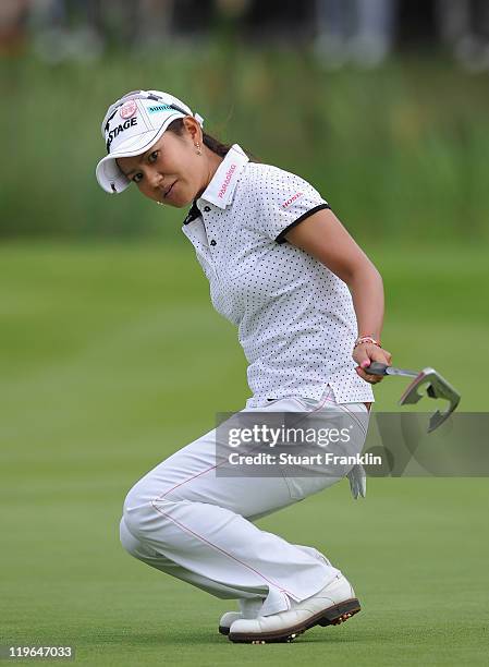 Ai Miyazato of Japan reacts during the third round of the Evian Masters at the Evian Masters golf club on July 23, 2011 in Evian-les-Bains, France.