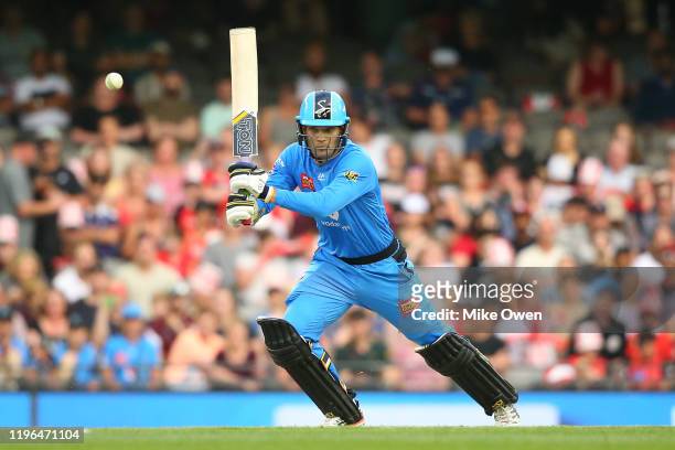 Alex Carey of the Strikers bats during the Big Bash League match between the Melbourne Renegades and the Adelaide Strikers at Marvel Stadium on...