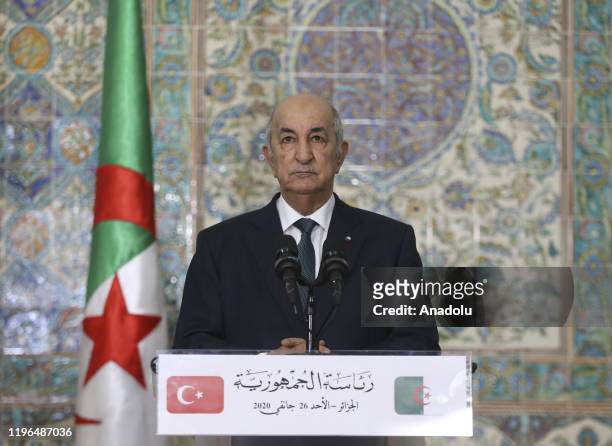 Turkish President Recep Tayyip Erdogan and Algerian President Abdelmadjid Tebboune hold a joint press conference following their meeting at...