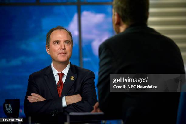 Pictured: -- Rep. Adam Schiff and moderator Chuck Todd appear on Meet the Press" in Washington, D.C., Sunday, January 26, 2020.