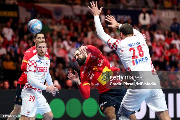 Jorge Maqueda Pena of Spain throws at goal during the Men's EHF EURO 2020 final match between Spain and Croatia at Tele2 Arena in Stockholm, Sweden...