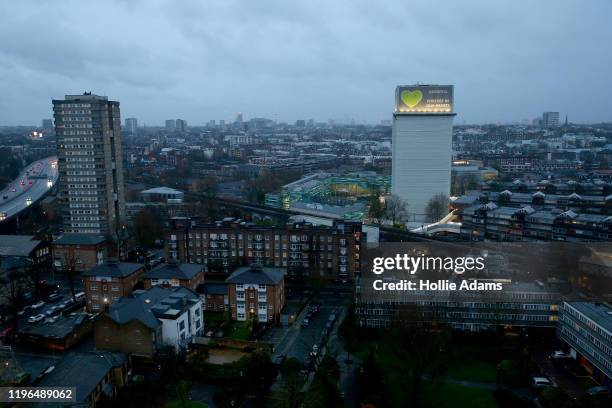 General view of Grenfell Tower, where a severe fire killed 72 people in June 2017, on January 26, 2020 in London, England. Yesterday, Banita Mehra...