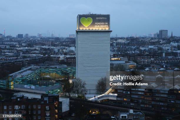 General view of Grenfell Tower, where a severe fire killed 72 people in June 2017, on January 26, 2020 in London, England. Yesterday, Banita Mehra...