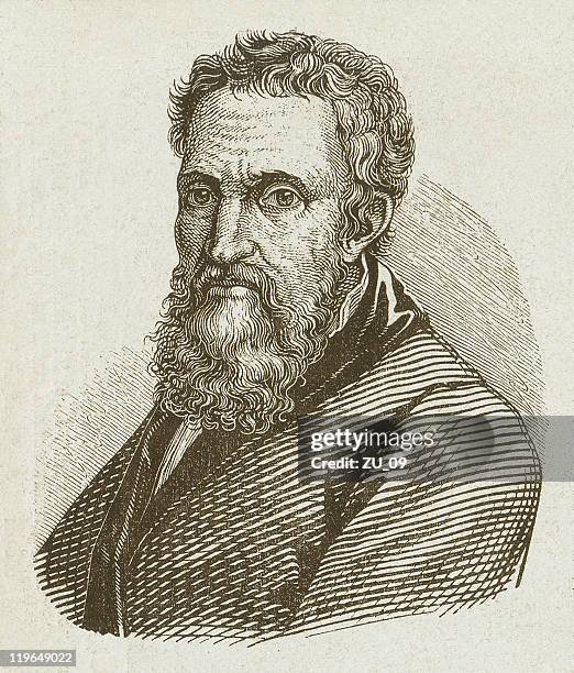 michelangelo buonarroti (1475-1564), wood engraving, published in 1877 - michelangelo artist stock illustrations