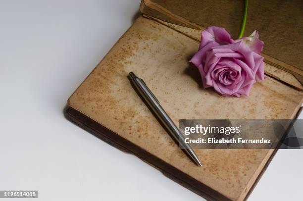 old book with pink rose and silver pen - old book white background stock pictures, royalty-free photos & images