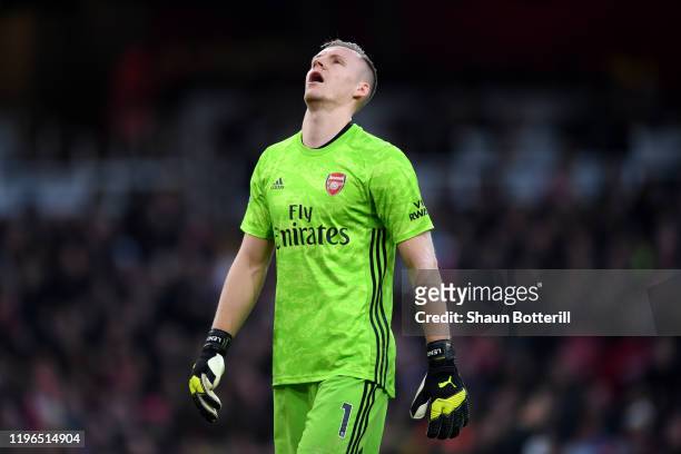 Bernd Leno of Arsenal reacts after Chelsea score their first goal during the Premier League match between Arsenal FC and Chelsea FC at Emirates...