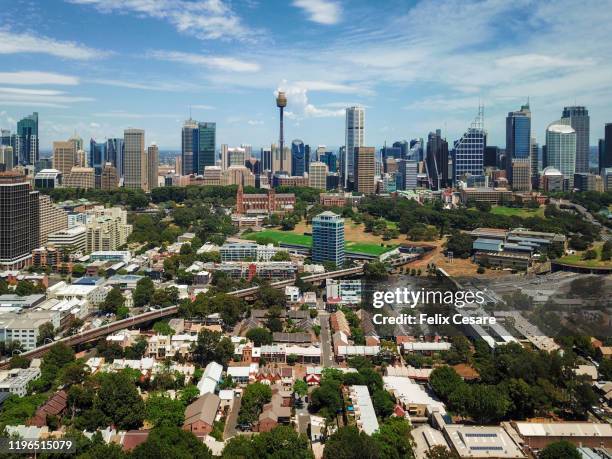 aerial view of sydney cbd skyline cityscape, suburb and houses - sydney trains stock-fotos und bilder