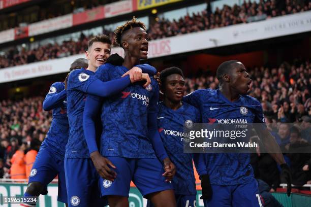 Tammy Abraham of Chelsea celebrates with teammates Mason Mount, Tariq Lamptey and Kurt Zouma of Chelsea after scoring his team's second goal during...
