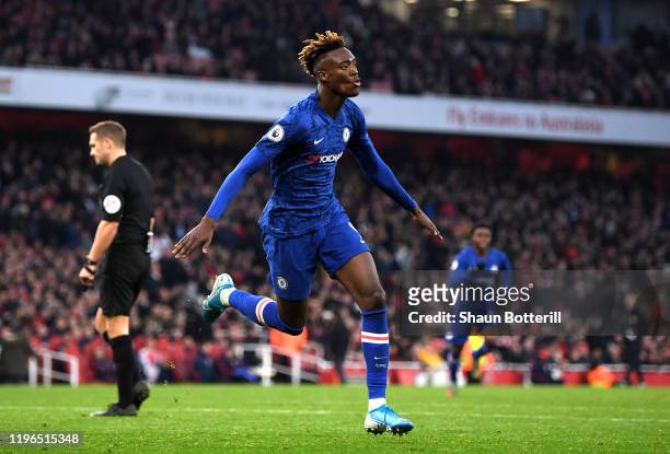 Tammy Abraham of Chelsea celebrates after scoring his sides second goal during the Premier League match between Arsenal FC and Chelsea FC at Emirates...