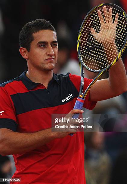 Nicolas Almagro of Spain celebrates after winning his semi final match against Fernando Verdasco of Spain during the bet-at-home German Open Tennis...