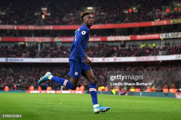 Tammy Abraham of Chelsea celebrates after scoring his sides second goal during the Premier League match between Arsenal FC and Chelsea FC at Emirates...