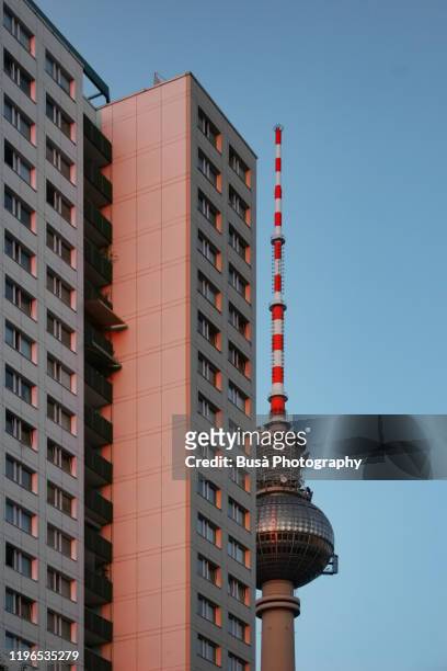 housing tower and berlin tv tower (fernsehturm). berlin, germany - berlin modernism housing estates stock pictures, royalty-free photos & images