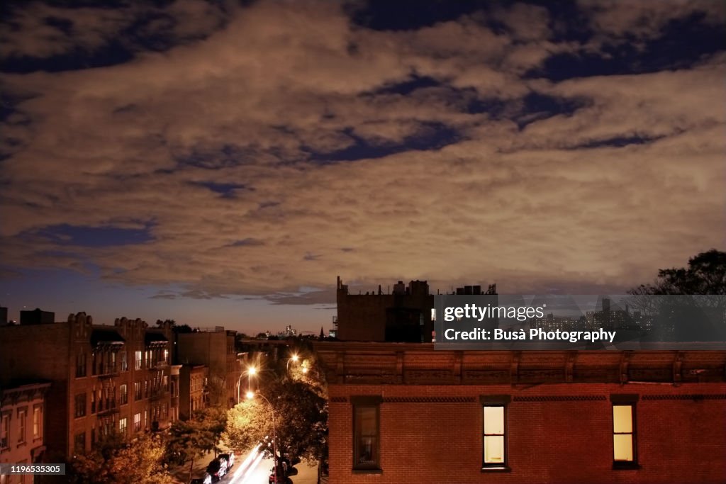 Night view of rooftops in Bedford Stuyvesant, Brooklyn, New York City