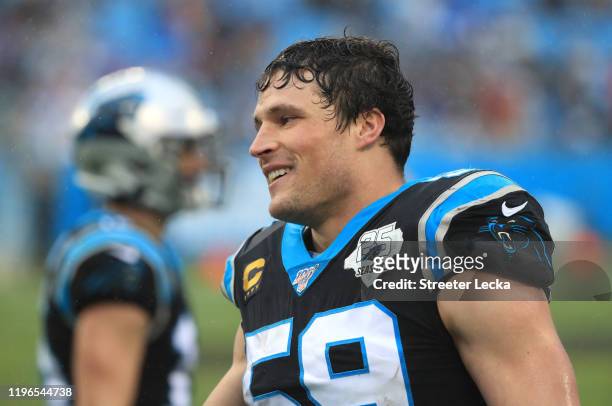 Luke Kuechly of the Carolina Panthers watchers on during their game against the New Orleans Saints at Bank of America Stadium on December 29, 2019 in...