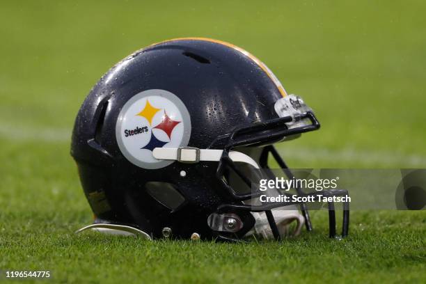 Detailed view of a Pittsburgh Steelers helmet is seen before the Pittsburgh Steelers play against the Baltimore Ravens at M&T Bank Stadium on...
