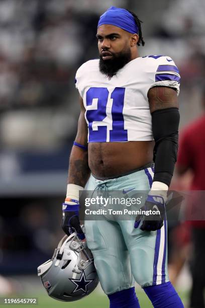 Ezekiel Elliott of the Dallas Cowboys looks on before the game against the Washington Redskins at AT&T Stadium on December 29, 2019 in Arlington,...