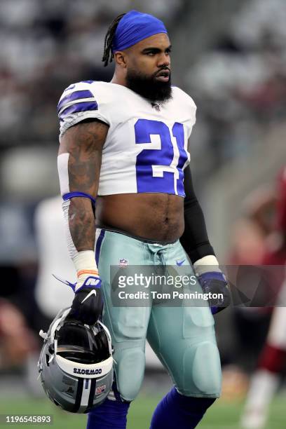Ezekiel Elliott of the Dallas Cowboys looks on before the game against the Washington Redskins at AT&T Stadium on December 29, 2019 in Arlington,...