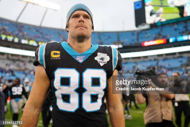 Greg Olsen of the Carolina Panthers walks off the field after his game against the New Orleans Saints at Bank of America Stadium on December 29, 2019...