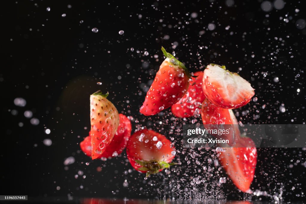 Strawberry flying in mid air captured with high speed sync.