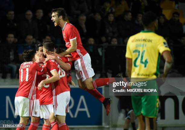 Benfica's Portuguese midfielder Rafa celebrates with teammates after scoring a goal during the Portuguese league football match FC Pacos de Ferreira...