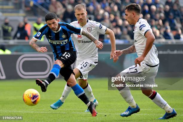 Stefano Sensi of FC Internazionale Milano, Ragnar Klavan of Cagliari, Christian Oliva of Cagliari during the Italian Serie A match between...