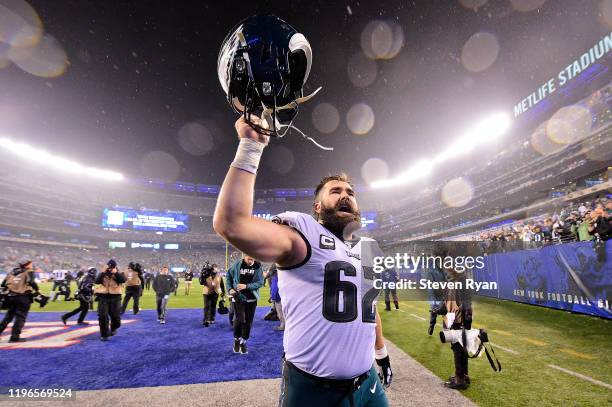 Jason Kelce of the Philadelphia Eagles celebrates his teams win over the New York Giants at MetLife Stadium on December 29, 2019 in East Rutherford,...