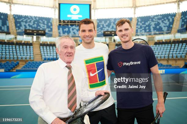 Ken Rosewall, Grigor Dimitrov, and Jamie Murray pose during a media opportunity at Ken Rosewall Arena on December 30, 2019 in Sydney, Australia.